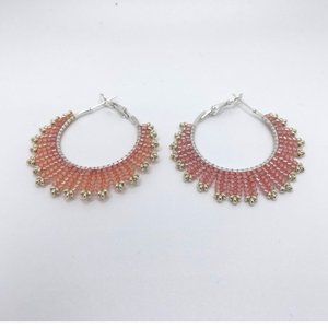 Lacy Look Elegant Hand Beaded Peach and Silver Lever Back Hoop Earrings
